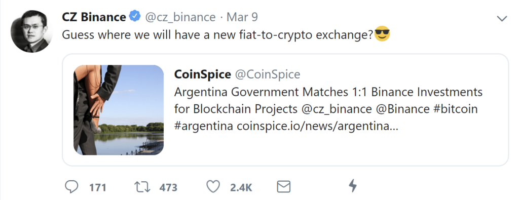 CZ Binance Argentina Tweet